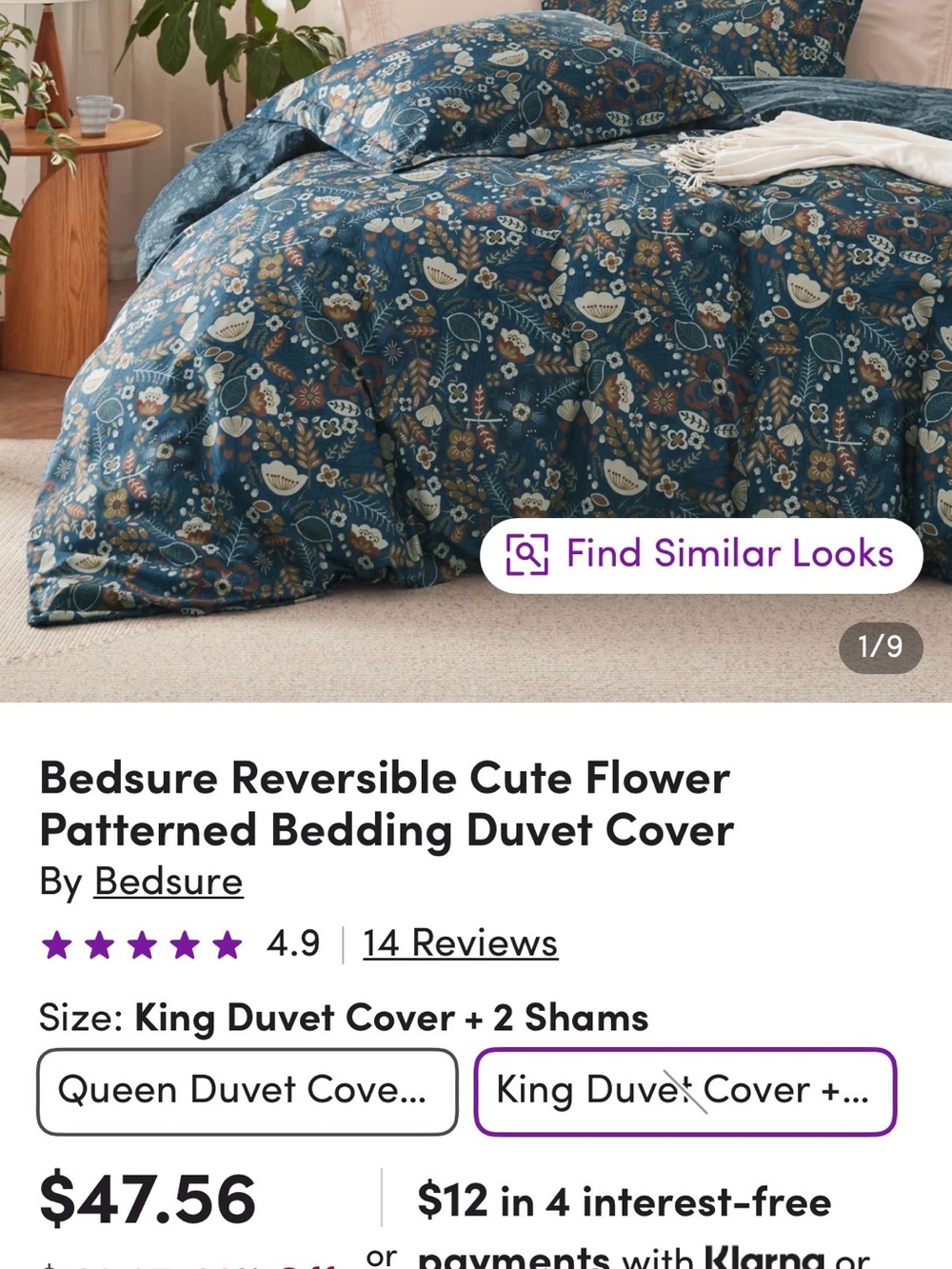Bedsure Reversible Floral Duvet Cover in Deep Blue